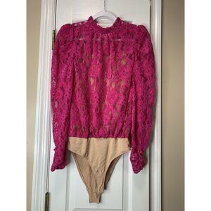 Wayf‎ Pink Velvet Long Sleeve See Through Top With Built In Bodysuit Sz S Womens
